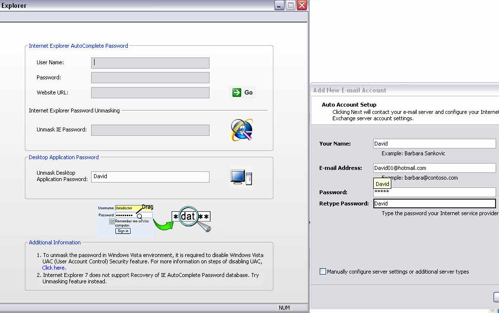 Internet Explorer Password Recovery and Windows Applications Passwords Unmask Tool Screenshot